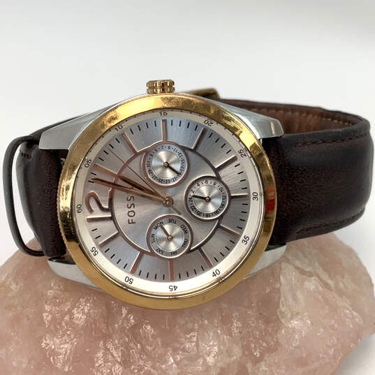Designer Fossil BGQ1557 Gold-Tone Leather Band Quartz Analog Dress Watch image number 1