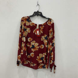 NWT Womens Red Floral Slit Sleeve Scoop Neck Pullover Blouse Top Size L