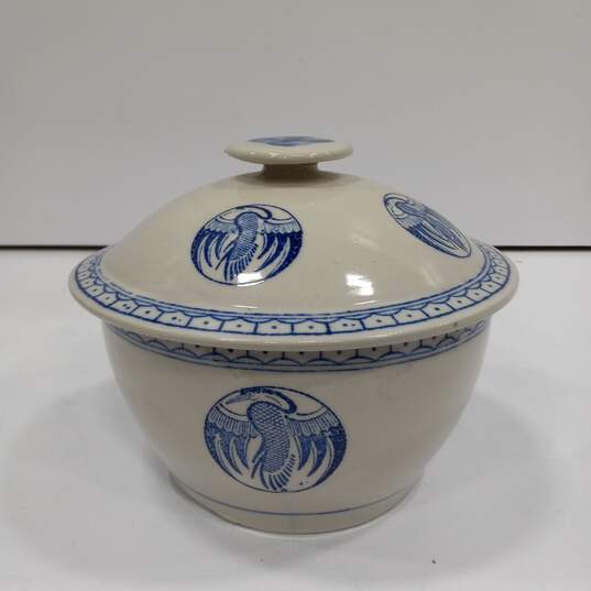 Blue and White Asian Themed Ceramic Bowl w/Lid image number 1