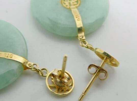 14K Yellow Gold Chinese Jade Disc Drop Earrings 4.4g image number 2