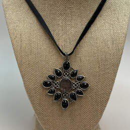 Designer Lucky Brand Silver-Tone Crystal Stone Black Cord Pendant Necklace