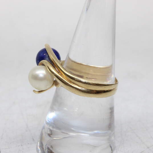 14K Yellow Gold Blue Lapis & Pearl Ring size 7.75 - 6.4g image number 3