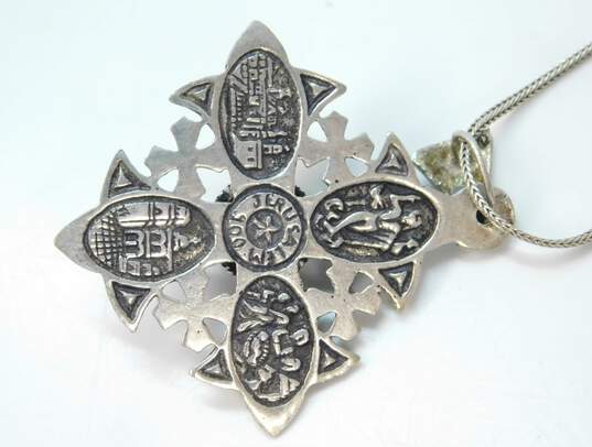 Artisan Jerusalem 925 & 900 Silver Brown Glass Granulated Cross Pendant Foxtail Chain Necklace 13.1g image number 4