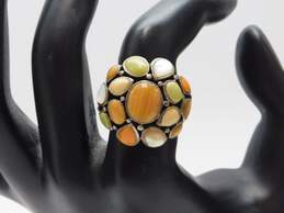 Artisan 925 Abalone Open Scrolled & Modernist Swoop Drop Earrings & MOP & Green & Orange Faux Stone Cluster Chunky Ring 20.1g alternative image