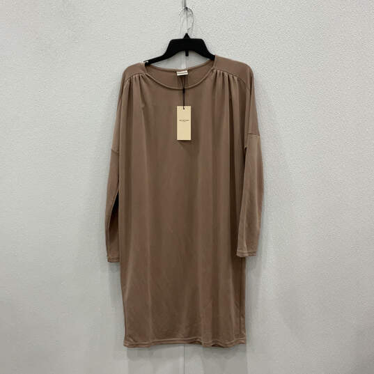 NWT Womens Brown Pleated Long Sleeve Round Neck Pullover Shift Dress XS image number 1