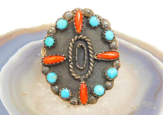 Effie Tawahongva 925 Hopi Coral & Turquoise Chunky Ring 7.7g image number 6