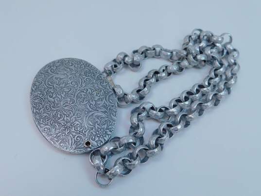 Vintage Silver Tone Flower & Scrolled Chunky Pendant Necklace & Panel Bracelet 100.9g image number 2