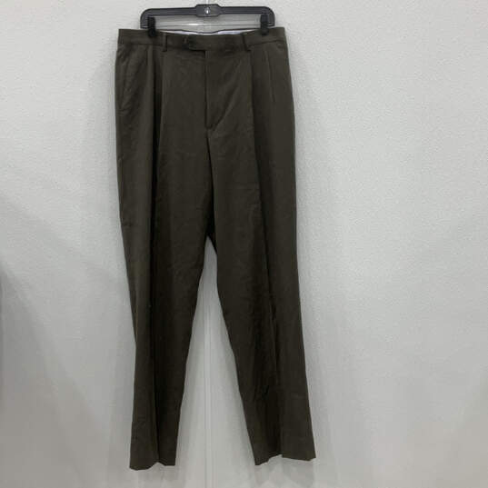 Mens Olive Green Flat Front Slash Pocket Straight Leg Dress Pants Size 36R image number 1
