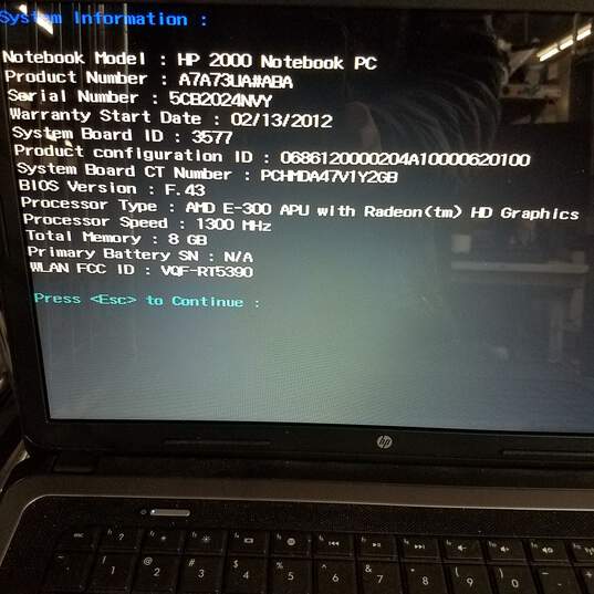 HP 2000 15in Laptop AMD E-300 CPU 8GB RAM NO HDD image number 9