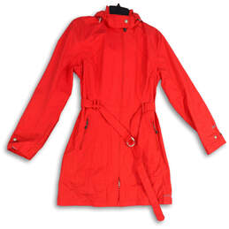 Womens Red Long Sleeve Hooded Belted Full Zip  Rain Jacket Size Medium