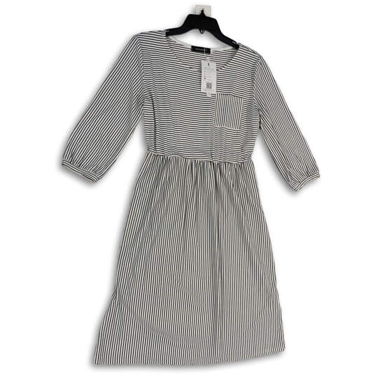 NWT Womens Black White Striped Long Sleeve Elastic Waist A-Line Dress Sz L image number 3