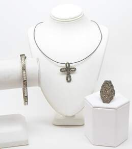 Judith Jack 925 Marcasite Cross Pendant Necklace CZ Hinged Bangle &  Ring