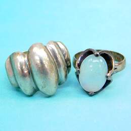 Taxco & Mexican Modernist 925 Sterling Silver Ridged & Opalescent Glass Rings 24.3g