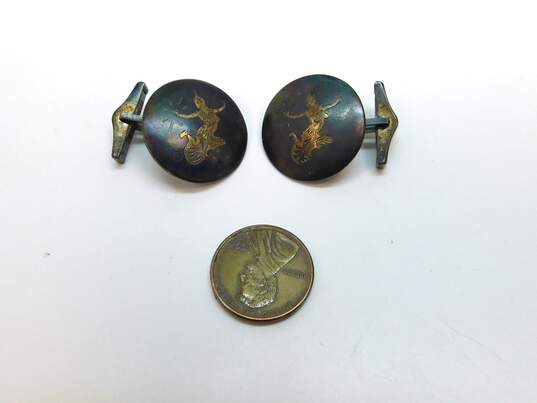 Vintage Siam Sterling 925 Niello Etched Dancer Circle Dome Cuff Links 12.3g image number 2