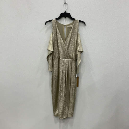 NWT Womens Shimmery Gold Cold Shoulder Sleeve V-Neck Wrap Dress Size XS image number 1