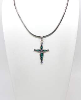 Taxco 925 Onyx & Malachite Cross Pendant Necklace 31.5g