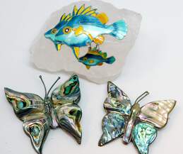 Vintage Taxco & Artisan 925 Abalone Shell Butterfly & Blue & Yellow Enamel Tropical Fish Pendant Brooches Variety 23.4g