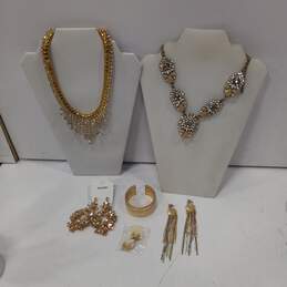 Bundle of Assorted Gold Tone & Clear Beaded Gemstone Costume Jewelry