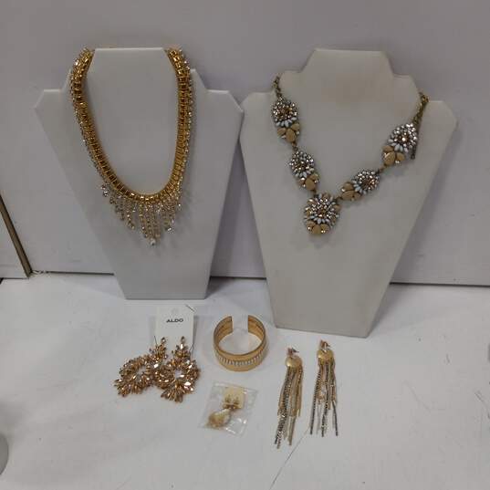 Bundle of Assorted Gold Tone & Clear Beaded Gemstone Costume Jewelry image number 1