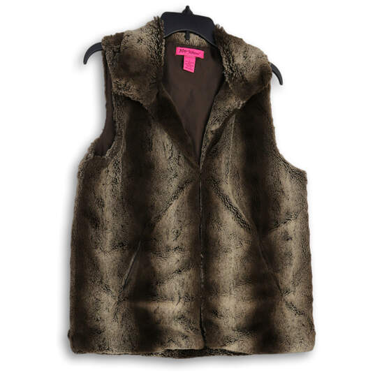 Womens Brown Collared Sleeveless Faux Fur Vest Size Medium image number 1