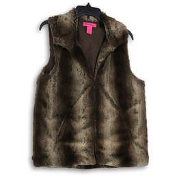 Womens Brown Collared Sleeveless Faux Fur Vest Size Medium