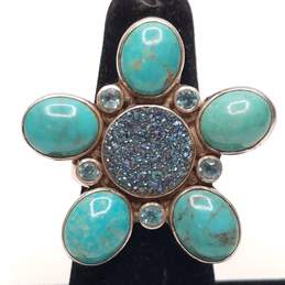SAJEN Sterling Druzy Turquoise - Crystal Flower Design Sz 6 1/4 Ring 13.1g alternative image