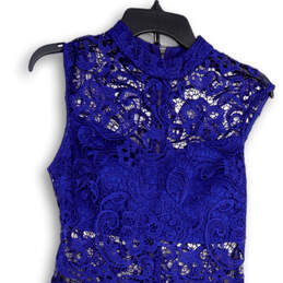 Womens Blue Floral Lace Sleeveless Mock Neck Back Zip Sheath Dress Size 7/8