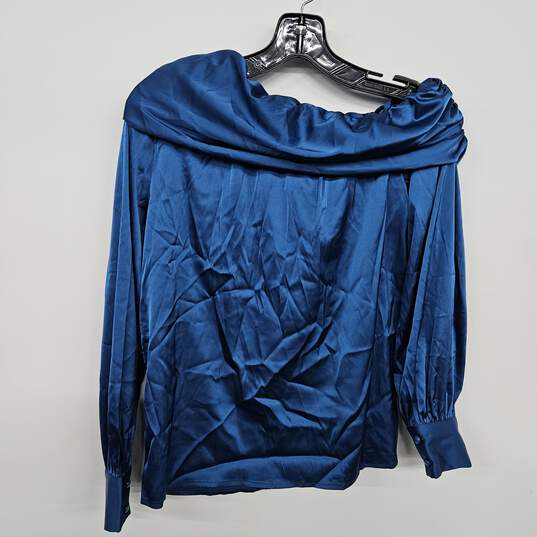 Silk Like Blue Long Sleeve Cowl Blouse image number 2