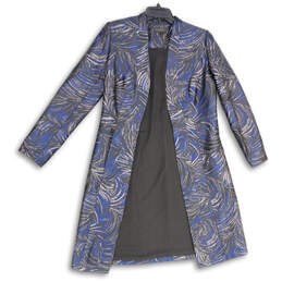 Womens Navy Blue Gold Tropical Print Long Sleeve Open Front Overcoat Size 4
