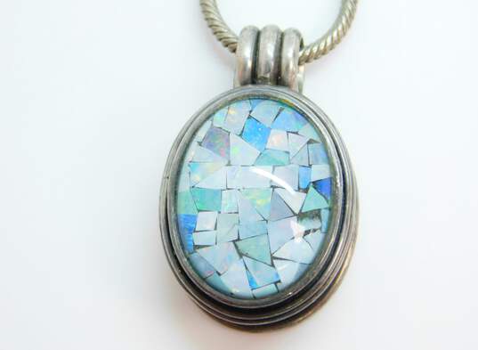 Artisan 925 Opal Chips Mosaic Glass Overlay Chunky Oval Locket Pendant Necklace image number 6