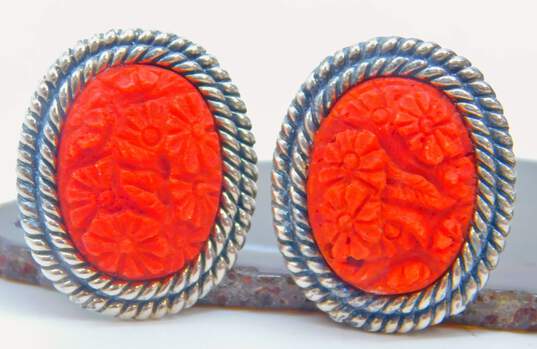 Amy Kahn Russell Sterling Silver Cinnabar Oval Omega Pierced Earrings 16.4g image number 1