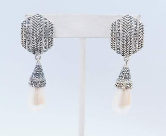 Judith Jack Designer 925 Marcasite & Faux Pearl Drop Omega Back Earrings 23.3g image number 1