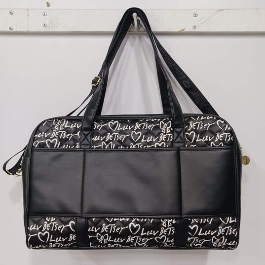 Betsey Johnson Black Quilted Faux Leather w/ White 'Luv Betsey' Duffle Bag image number 2