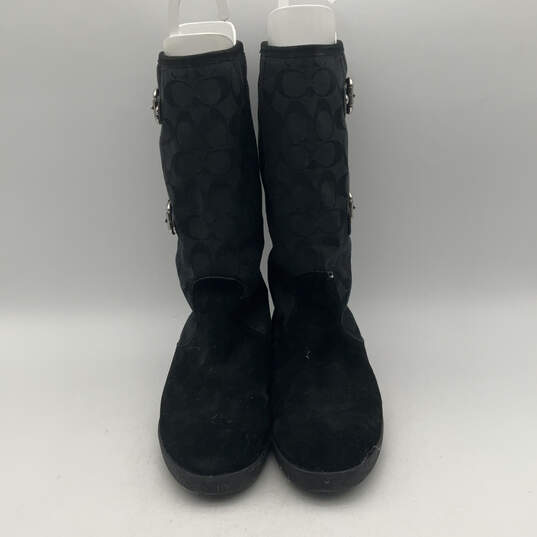 Womens Tinah Black Suede Monogram Lined Buckle Mid-Calf Snow Boots Size 9.5 image number 2