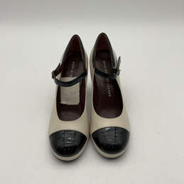 Womens White Black Leather Cap Toe Ankle Strap Block Pump Heels Size 36.5