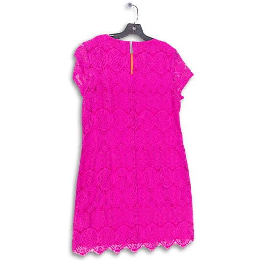 Womens Pink Lace Design Short Sleeve Round Neck Mini Dress Size 12 image number 2