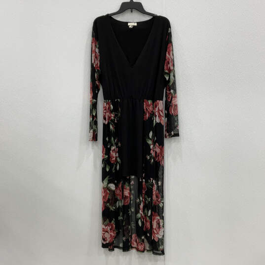 Womens Black Stylish Floral Long Sleeve V-Neck Pullover Maxi Dress Size 2XL image number 1