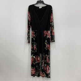 Womens Black Stylish Floral Long Sleeve V-Neck Pullover Maxi Dress Size 2XL