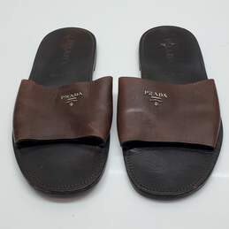 Prada Mens' Brown Leather Slide Sandals Size 9.5 AUTHENTICATED