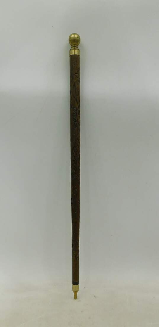 Vintage Brass Knob Carved Wood Walking Stick Cane Concealed Pool Cue image number 1