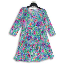 Lilly Pulitzer Womens Multicolor Floral Round Neck Long Sleeve Swing Dress Sz XS