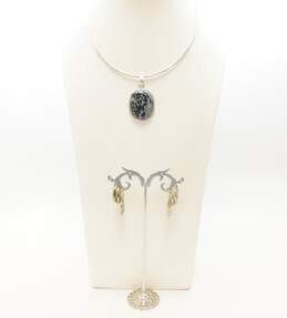 925 Snowflake Obsidian Pendant Necklace w/ Hoop Earrings 34.3g