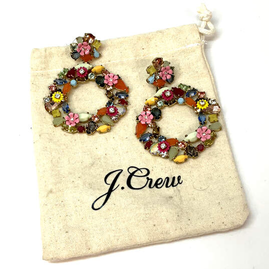 Designer J. Crew Gold-Tone Multicolor Floral Crystal Stone Hoop Earrings image number 2