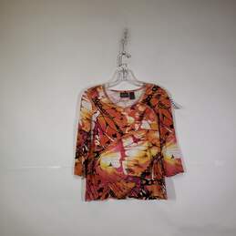 Womens Abstract Round Neck 3/4 Sleeve Pullover Blouse Top Size 0