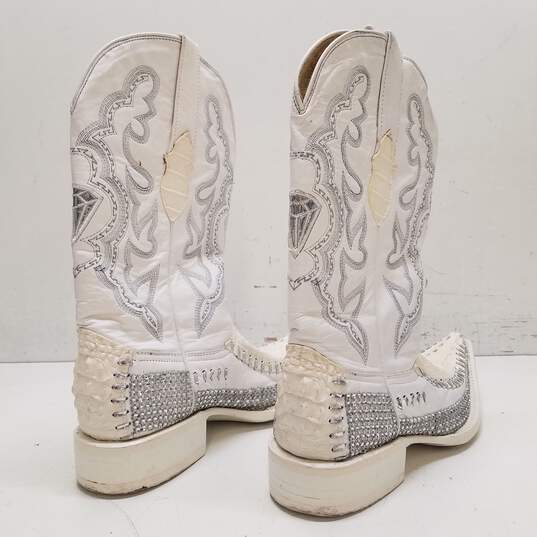 White Diamonds Boots White Rhinestone Leather Croc Embossed Western Boots Men's Size 7.5 M image number 4