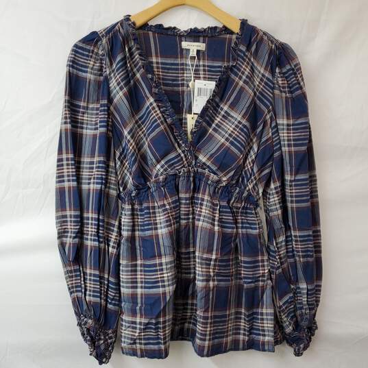 Max Studio Navy Plaid Peasant Top Blouse Women's SM NWT image number 1