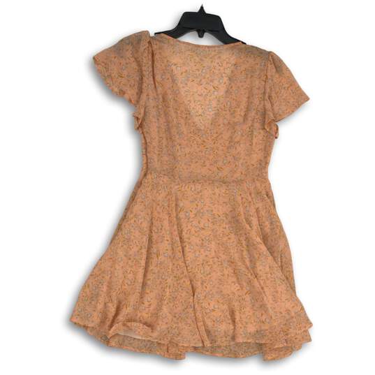 Womens Peach Floral Flared Sleeve V-Neck Pullover Short A-Line Dress Size 0 image number 2