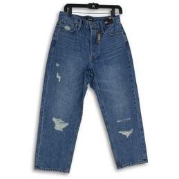 NWT Express Womens Blue Denim Medium Wash High Rise Distressed Mom Jeans Size 8R