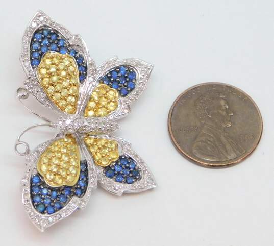 Elegant 14k White Gold Blue Spinel Citrine & Diamond Accent Butterfly Brooch Pin 11.4g image number 7