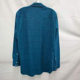 VTG Pendleton MN's 100% Virgin Wool Pearl Snap Button Blue Green Plaid Long Sleeve Shirt Size L